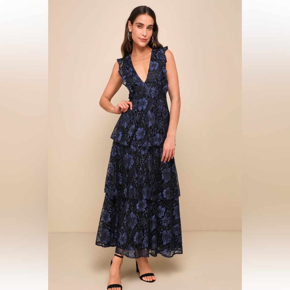 Lulus Molinetto Navy Blue Lace Ruffled Tiered Sleeveless Maxi Dress | XL